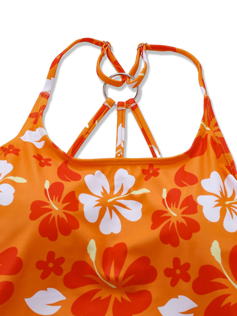 Orange 1960s Floral Backless Bikini Set - vintage swimwear, retro swimsuit, pin-up style for vintage lovers