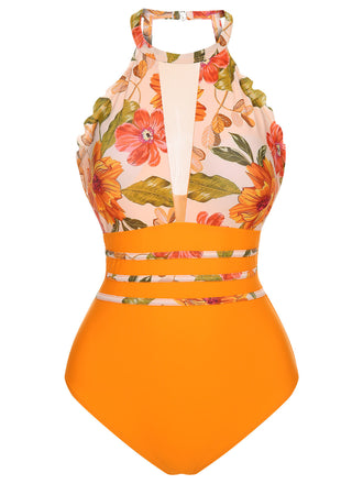 Orange 1960s Halter Floral One-Piece Swimsuit, vintage swimsuit, pin-up swimwear - perfect for women who love vintage and retro fashion