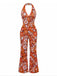 [Pre-Sale] Orange 1960s Halter V-Neck Floral Jumpsuit - vintage romper, retro jumpsuit for vintage lovers