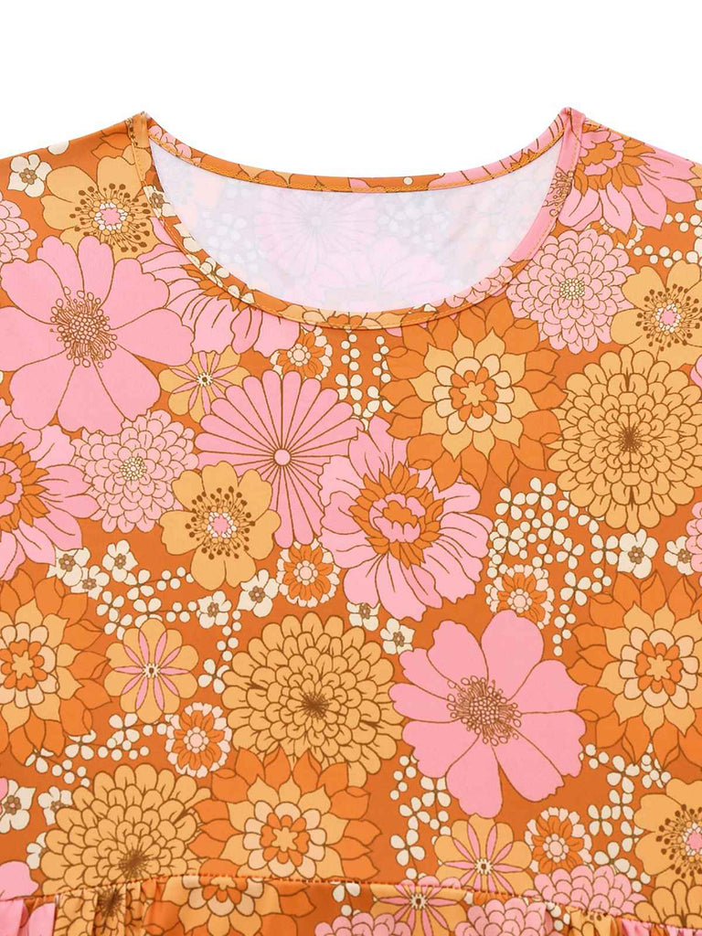 Orange 1960s Hippe Bell Sleeve Floral Dress - vintage dress, retro fashion