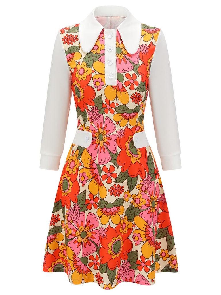 Orange 1960s Lapel Flowers Patchwork Dress, vintage dress, retro fashion - perfect for women who love vintage and retro fashion
