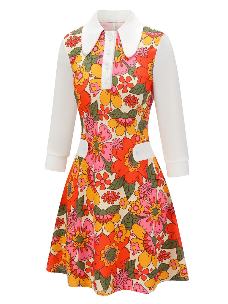 Orange 1960s Lapel Flowers Patchwork Dress, vintage dress, retro fashion - perfect for women who love vintage and retro fashion