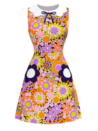 Orange 1960s Peter Pan Collar Floral Bow Dress - vintage dress, retro fashion