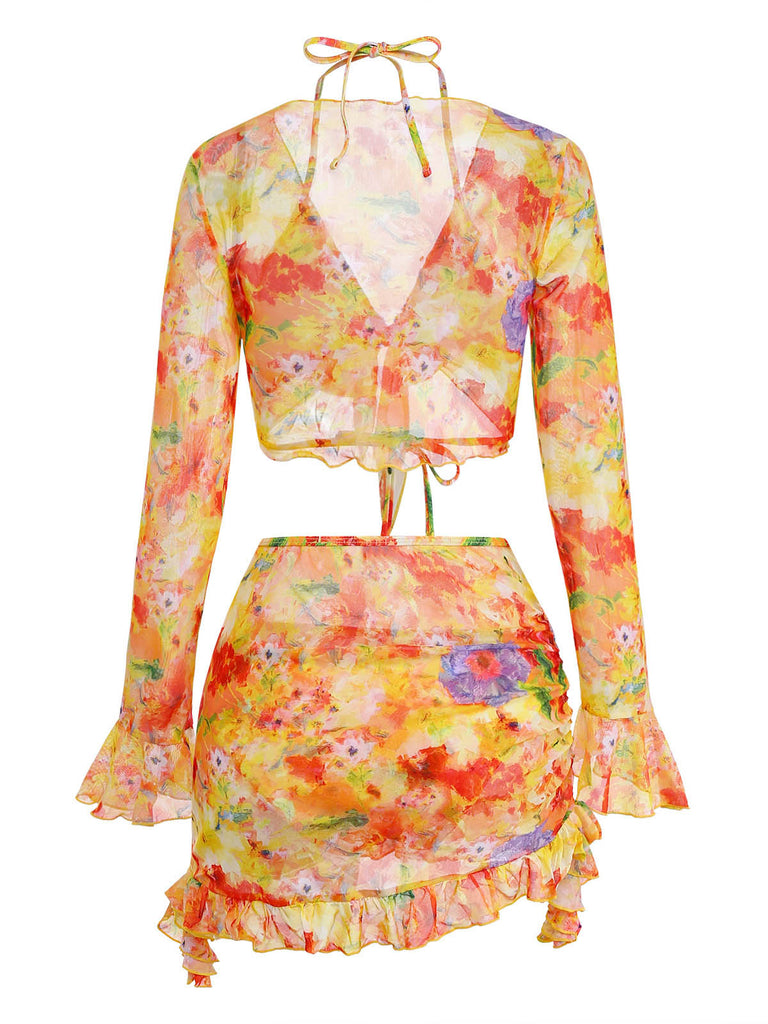 Orange 1960s Print Long Sleeve Tankini 3