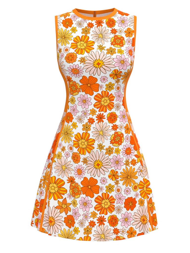 Orange 1960s Round Neck Daisy Sleeveless Dress - vintage dress, retro fashion