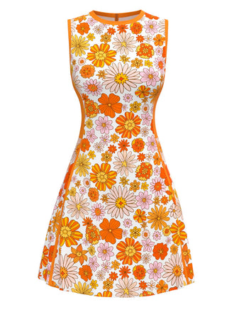 Orange 1960s Round Neck Daisy Sleeveless Dress - vintage dress, retro fashion