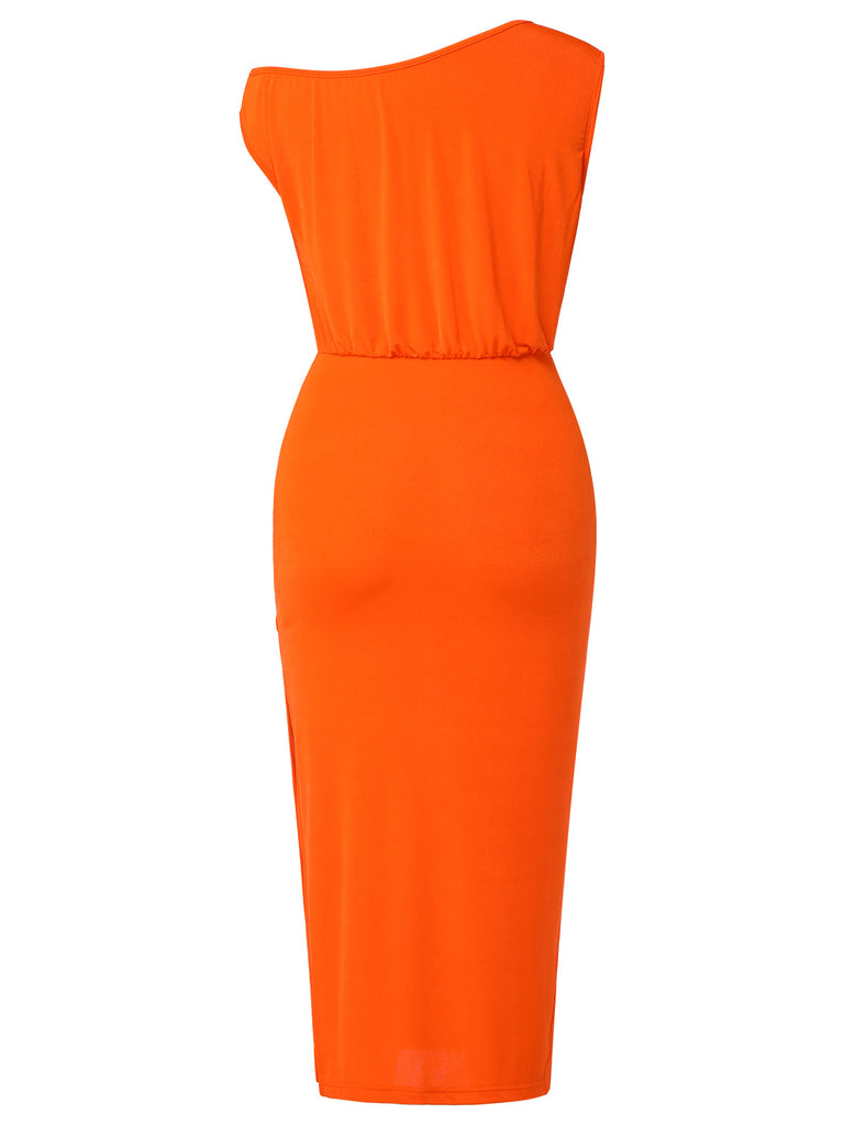 Orange 1960s Solid One Shoulder Sleeveless Dress, vintage dress, retro fashion - perfect for women who love vintage and retro fashion