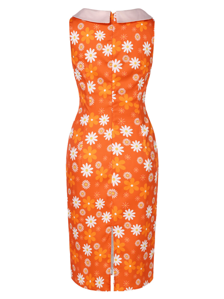 Orange 1960s Tie Neck Floral Sleeveless Dress — the kind of 1960s dress that makes strangers smile