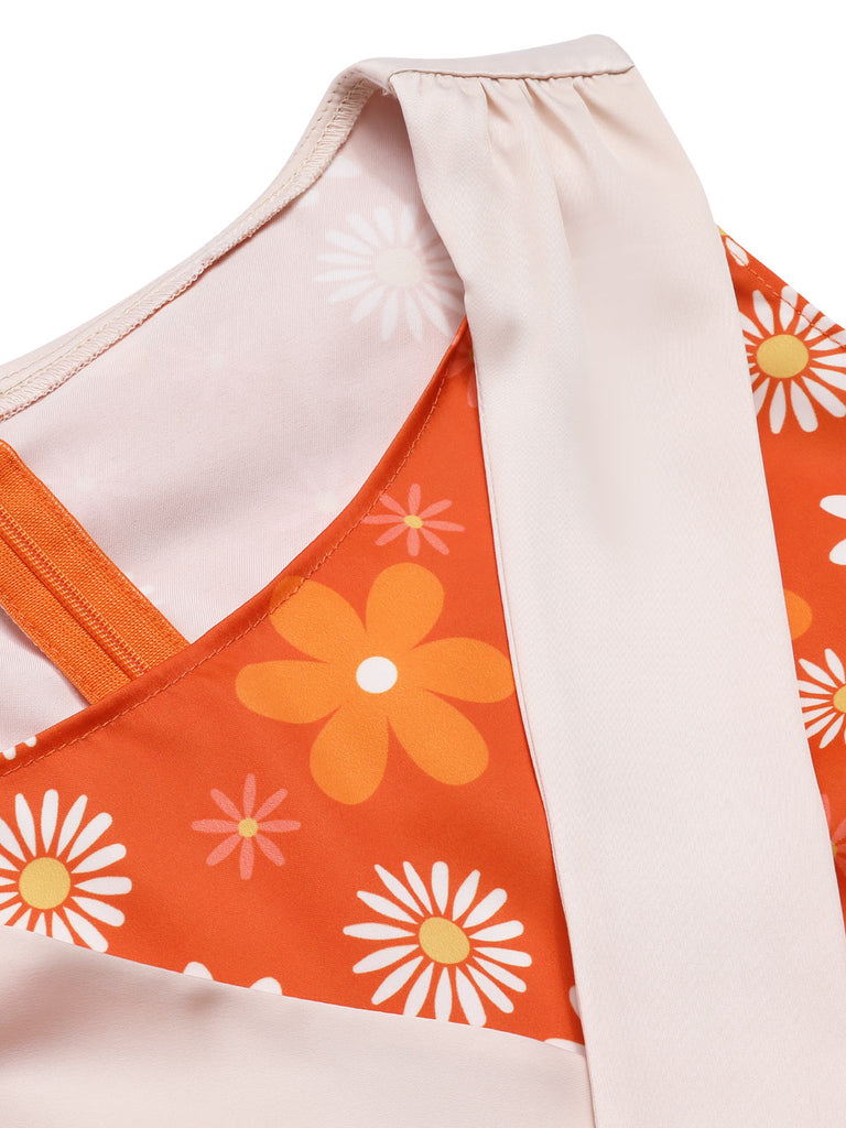 Orange 1960s Tie Neck Floral Sleeveless Dress — a 1960s silhouette that turns sidewalks into runways