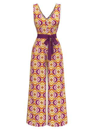 Orange 1960s V-Neck Belted Floral Printed Jumpsuit - vintage jumpsuit, retro fashion