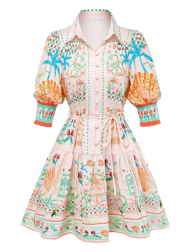 Orange 1970s Boho Pastel Print Button Tie-Waist Dress - vintage dress, retro fashion for vintage lovers