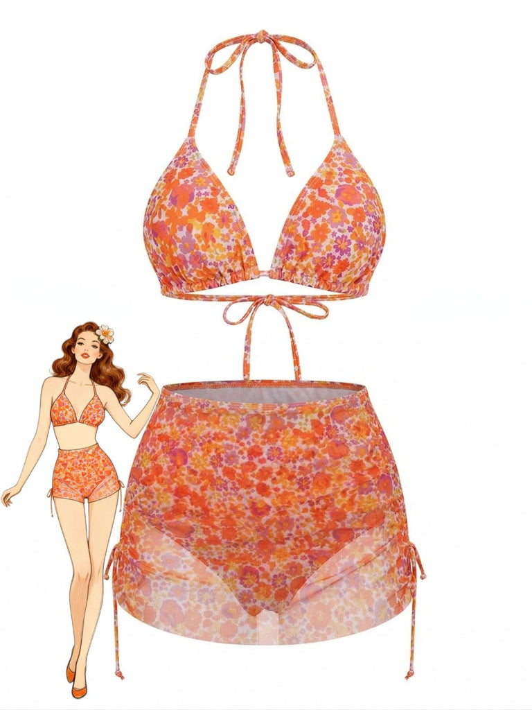 Orange 1970s Floral Halter Bikini Set & Cover-Up - vintage swimsuit, pin-up swimwear for vintage lovers