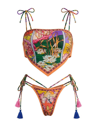 Orange 1970s Floral Tassel Tie Bandeau Bikini Set, vintage swimsuit, pin-up swimwear - perfect for women who love vintage and retro fashion