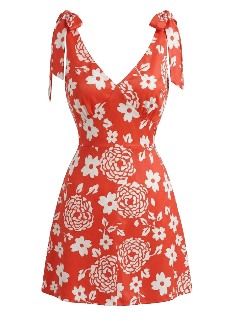 Orange 1970s Floral V-Neck Tie-Strap Mini Dress - vintage dress, retro fashion, floral print for vintage lovers