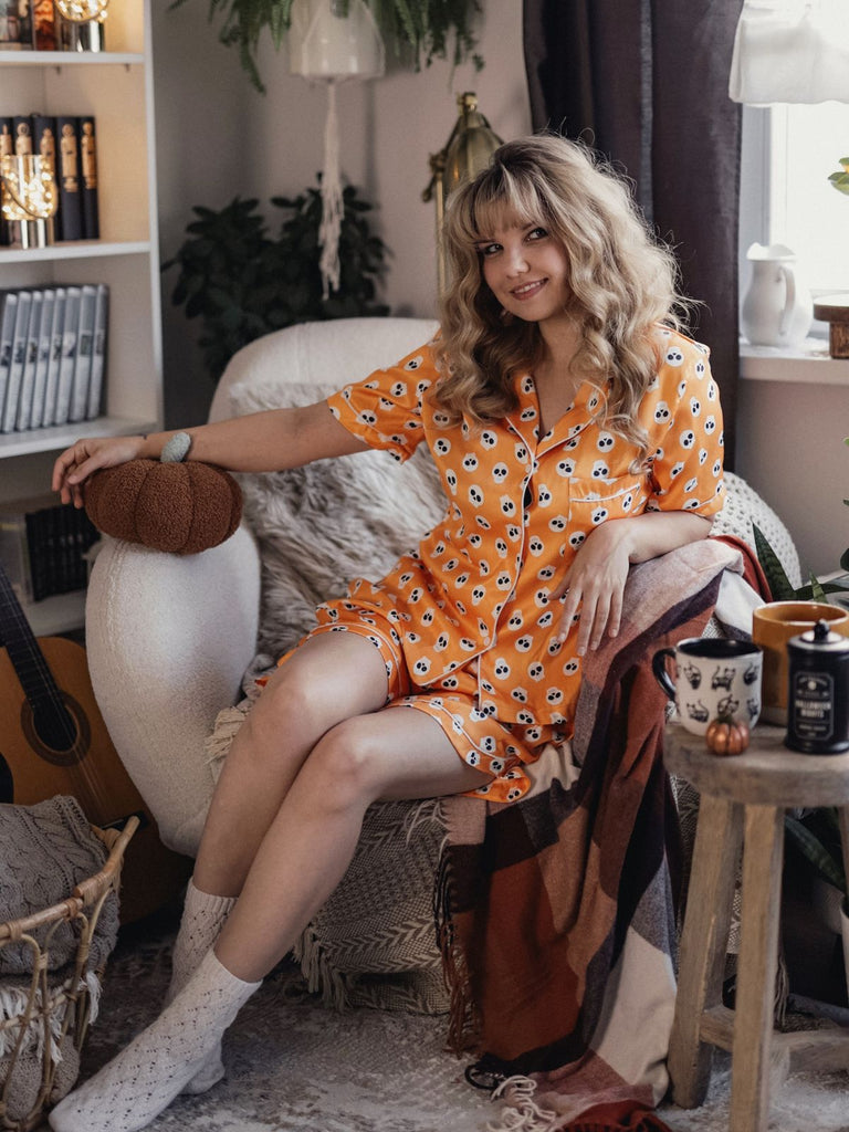 Orange 1970s Halloween Cartoon Skull Pajamas, vintage pajamas, retro nightwear - perfect for women who love vintage and retro fashion