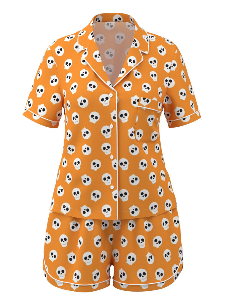 She finds her 1970s story in this Orange 1970s Halloween Cartoon Skull Pajamas