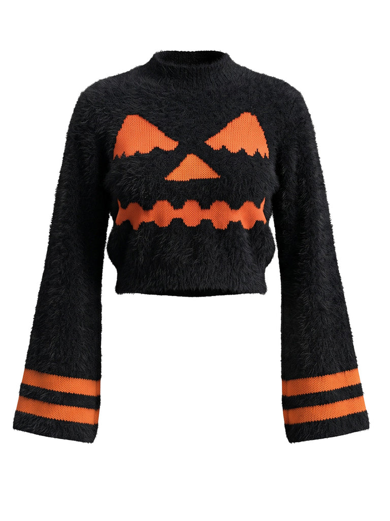 Orange 1970s Pumpkin Contrast Crop Sweater - 1