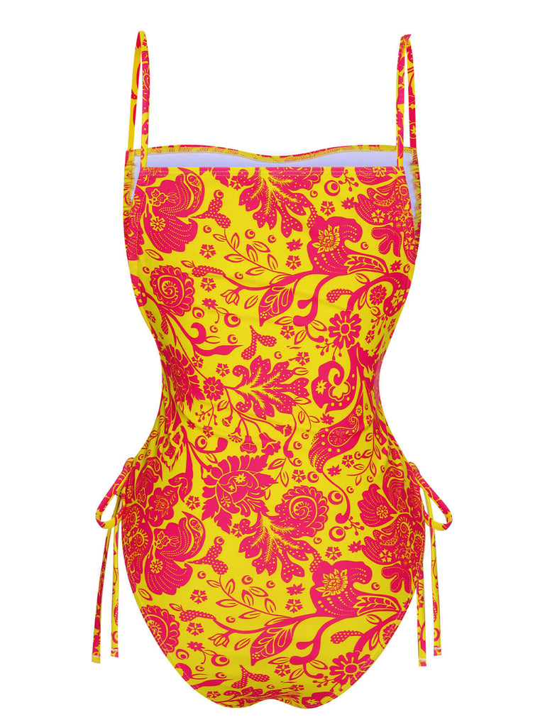 Orange 1970s Russian Floral Drawstring Strap Swimsuit, vintage swimsuit, pin-up swimwear - perfect for women who love vintage and retro fashion