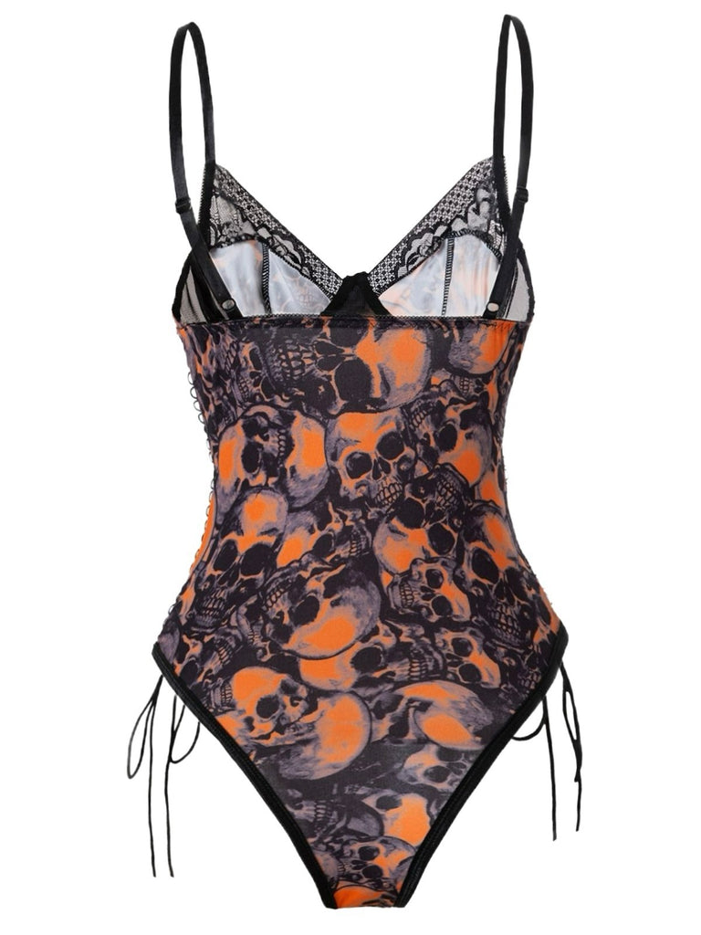 Orange 1970s Skull Lace Spaghetti Strap Bodysuit - vintage fashion, retro style