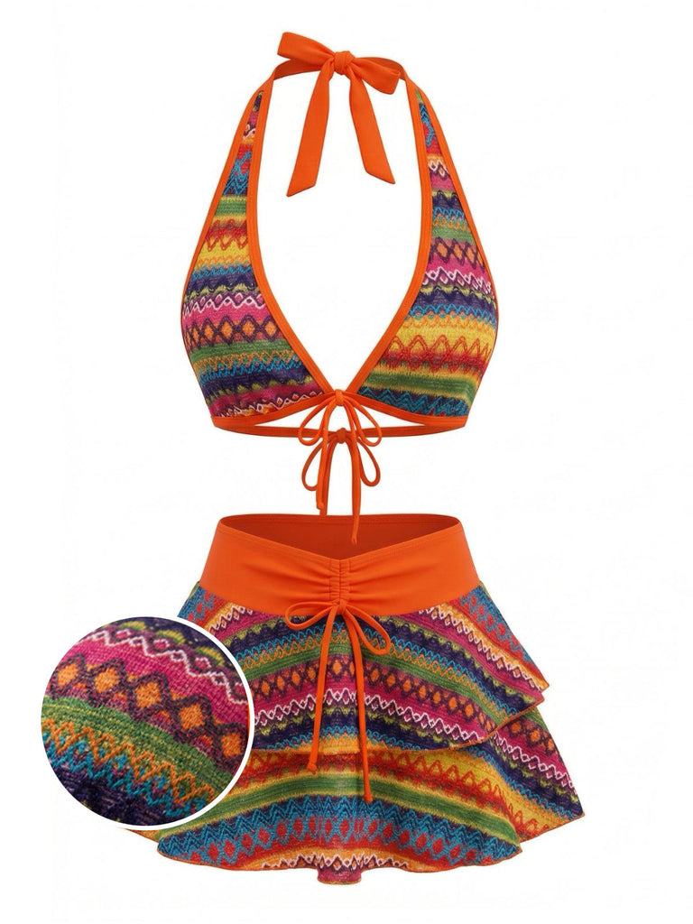 Orange 1980s Boho Irregular Bikini Set & Cover-Up - vintage fashion, retro style