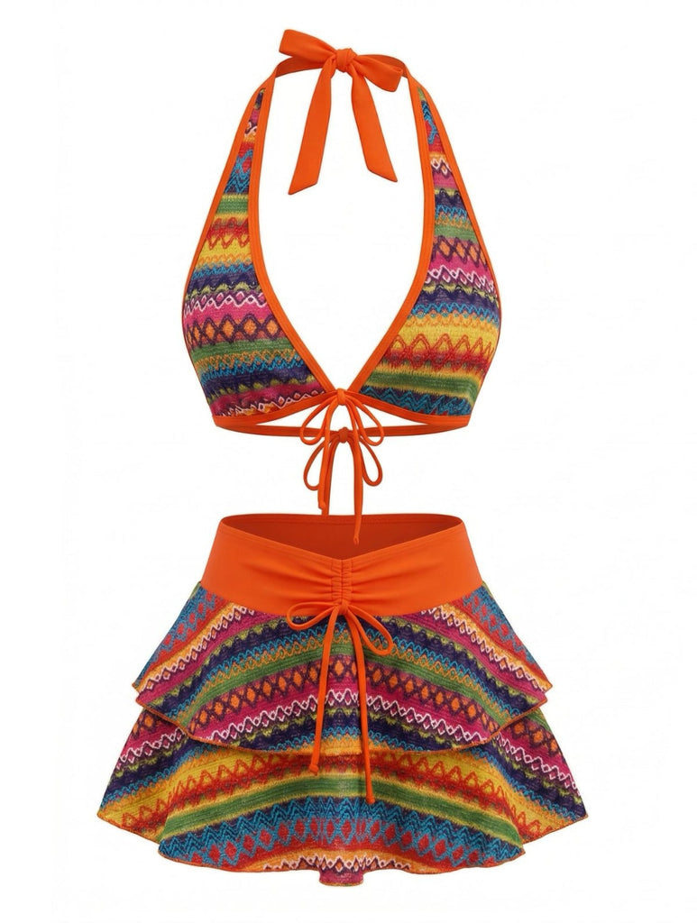 Orange 1980s Boho Irregular Bikini Set & Cover-Up - vintage fashion, retro style