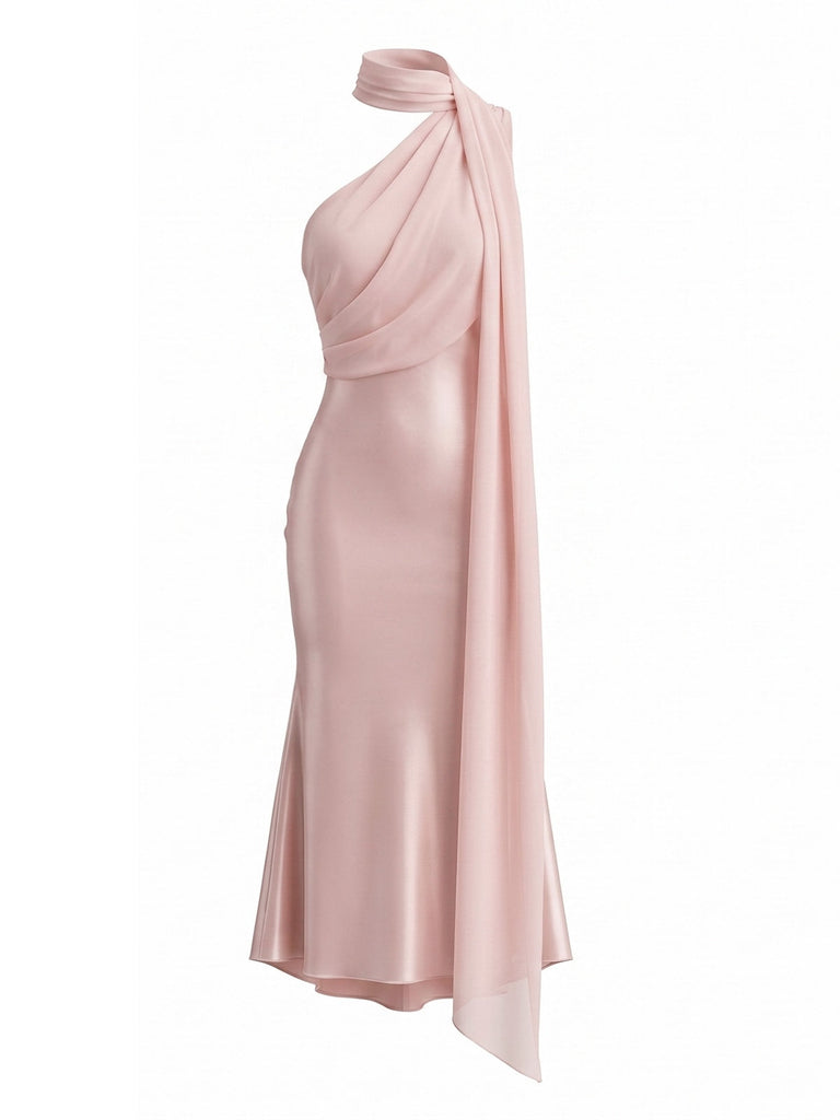 Orange Pink 1930s Halter Satin Belted Mermaid Dress, vintage dress, retro fashion - perfect for women who love vintage and retro fashion