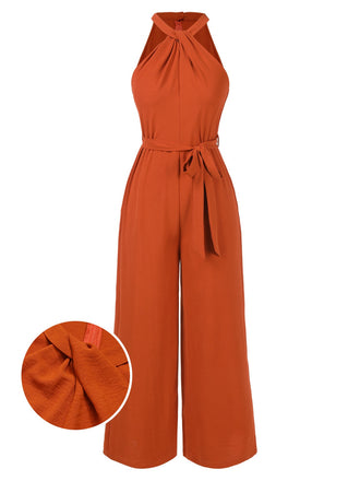 She finds her 1930s story in this Orange Red 1930s Solid Twist Jumpsuit