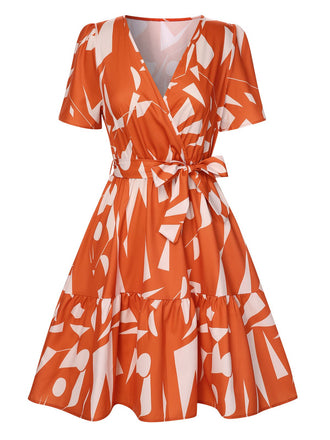 Orange Red 1940s Geometric Surplice V-Neck Dress, vintage dress, retro fashion - perfect for women who love vintage and retro fashion