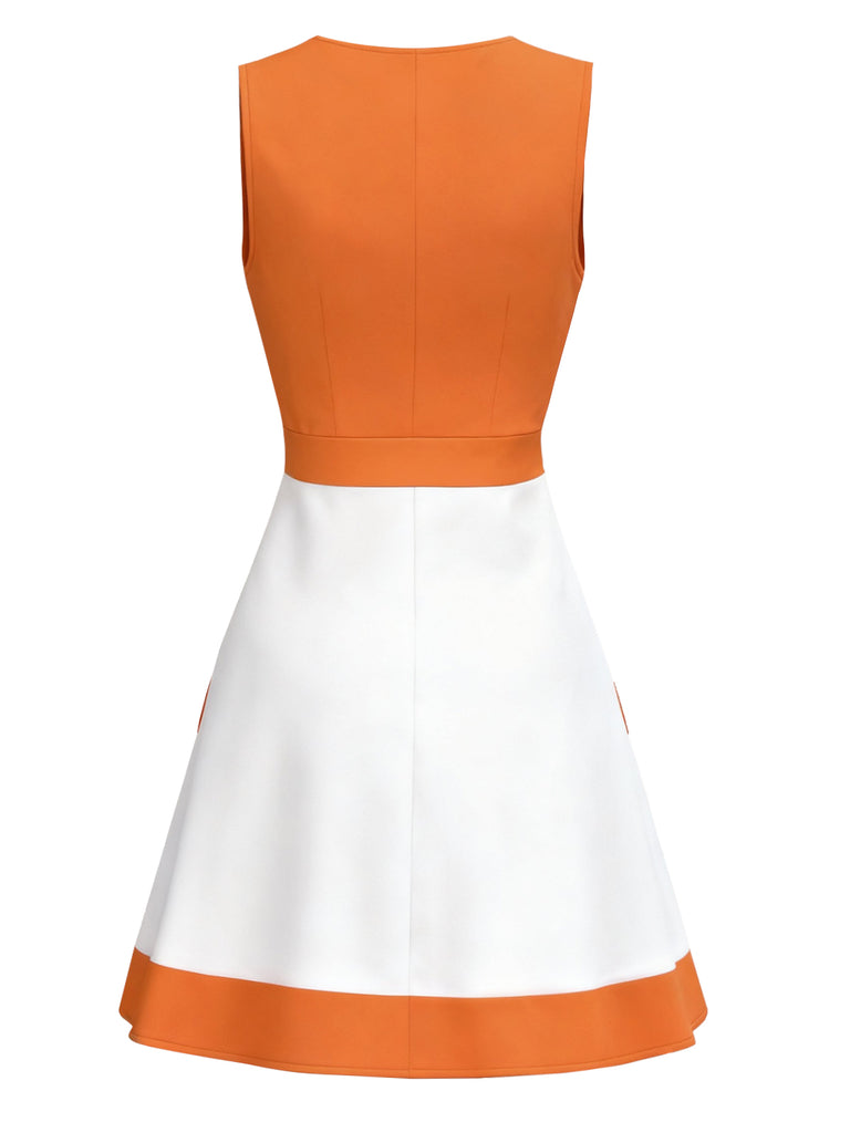 Back: Orange and White 1960s Colorblock Sleeveless Mod Dress, back view showing elegant silhouette and vintage style
