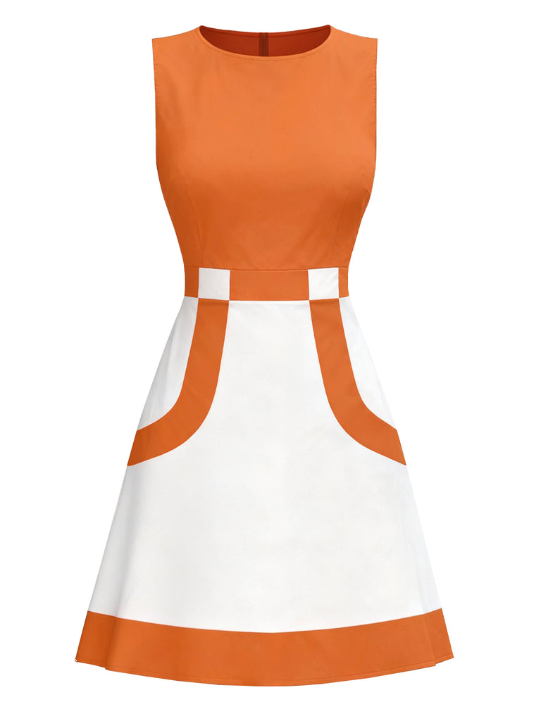 Front 2: Orange and White 1960s Colorblock Sleeveless Mod Dress, alternative front angle showing vintage colorblock design