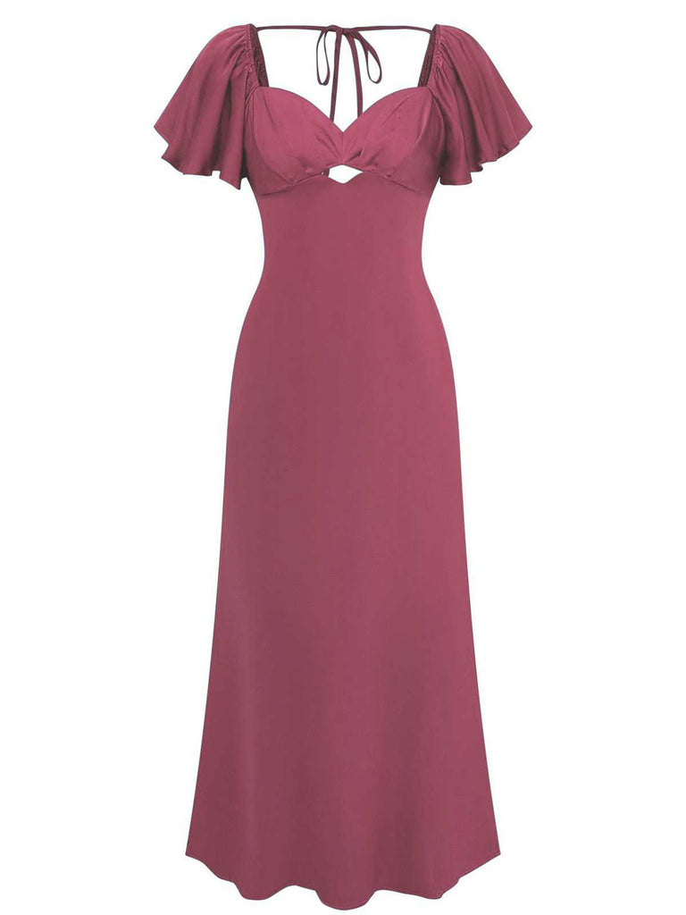 1930s Heart Neck Ruffled Sleeve Satin Dress