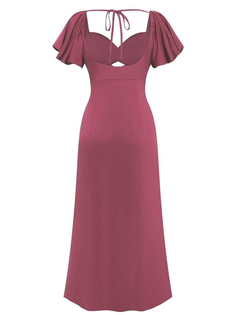 1930s Heart Neck Ruffled Sleeve Satin Dress