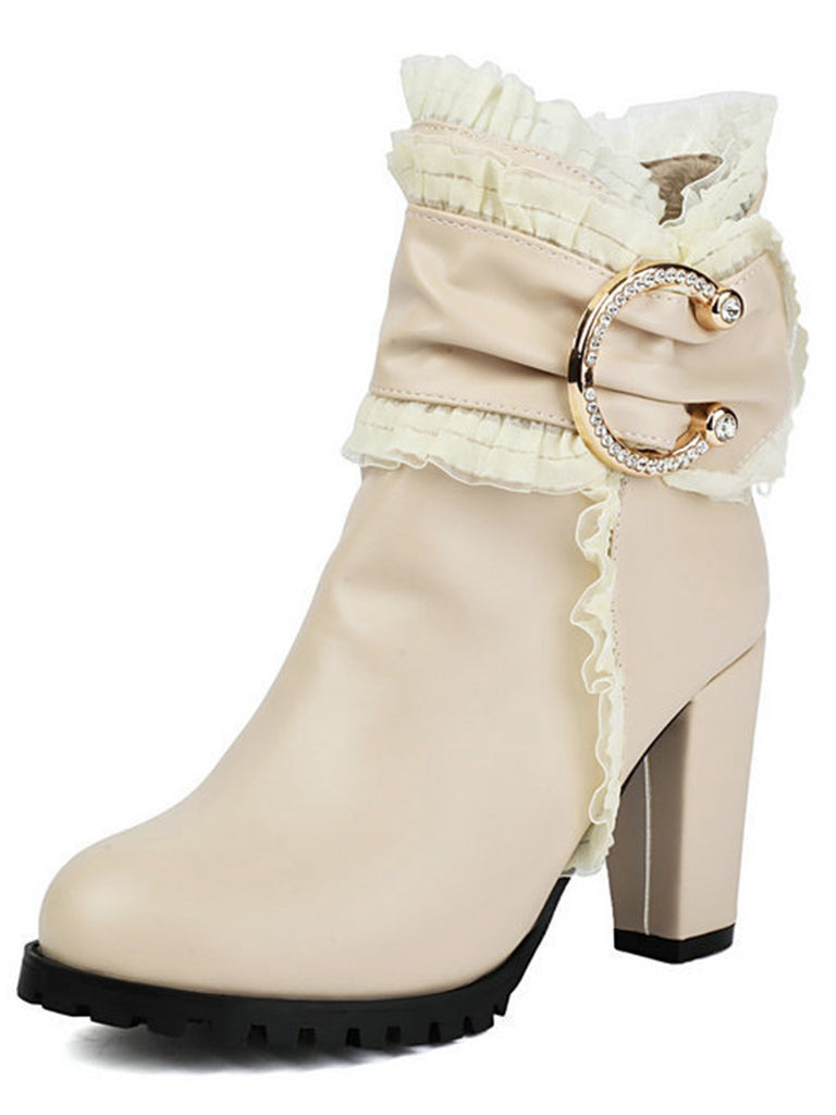 PU Leather Lace-Trimmed Chunky Heel Ankle Boots - vintage shoes, retro heels