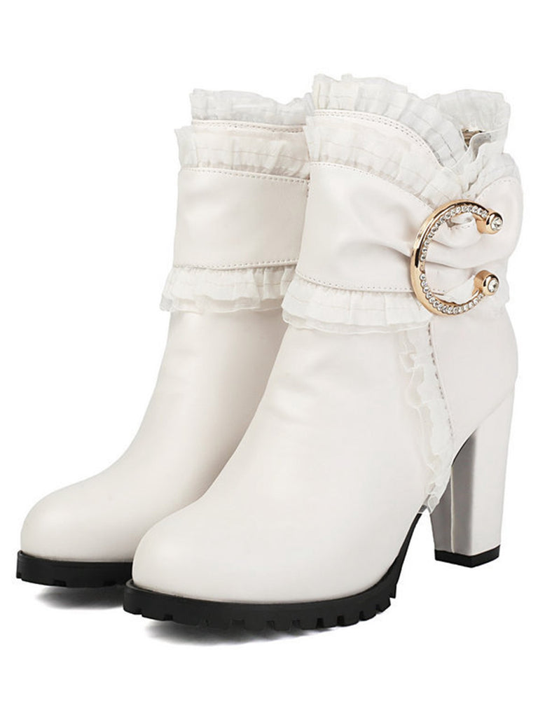 PU Leather Lace-Trimmed Chunky Heel Ankle Boots - vintage shoes, retro heels