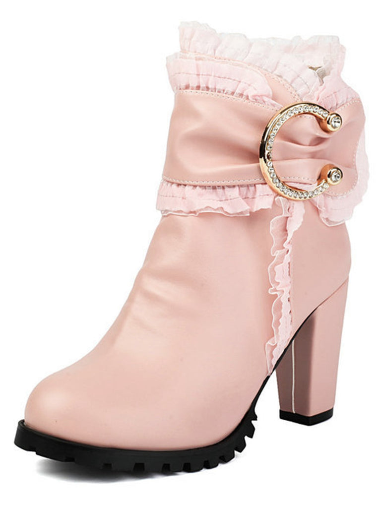 PU Leather Lace-Trimmed Chunky Heel Ankle Boots - vintage shoes, retro heels