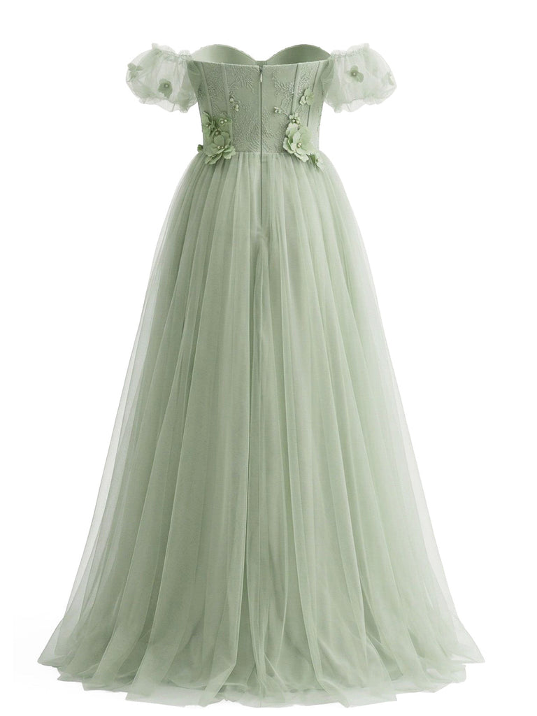 Pale Green 1930s Floral Mesh Off-Shoulder Swing Dress - vintage dress, retro fashion, rockabilly, pin-up fashion for vintage lovers