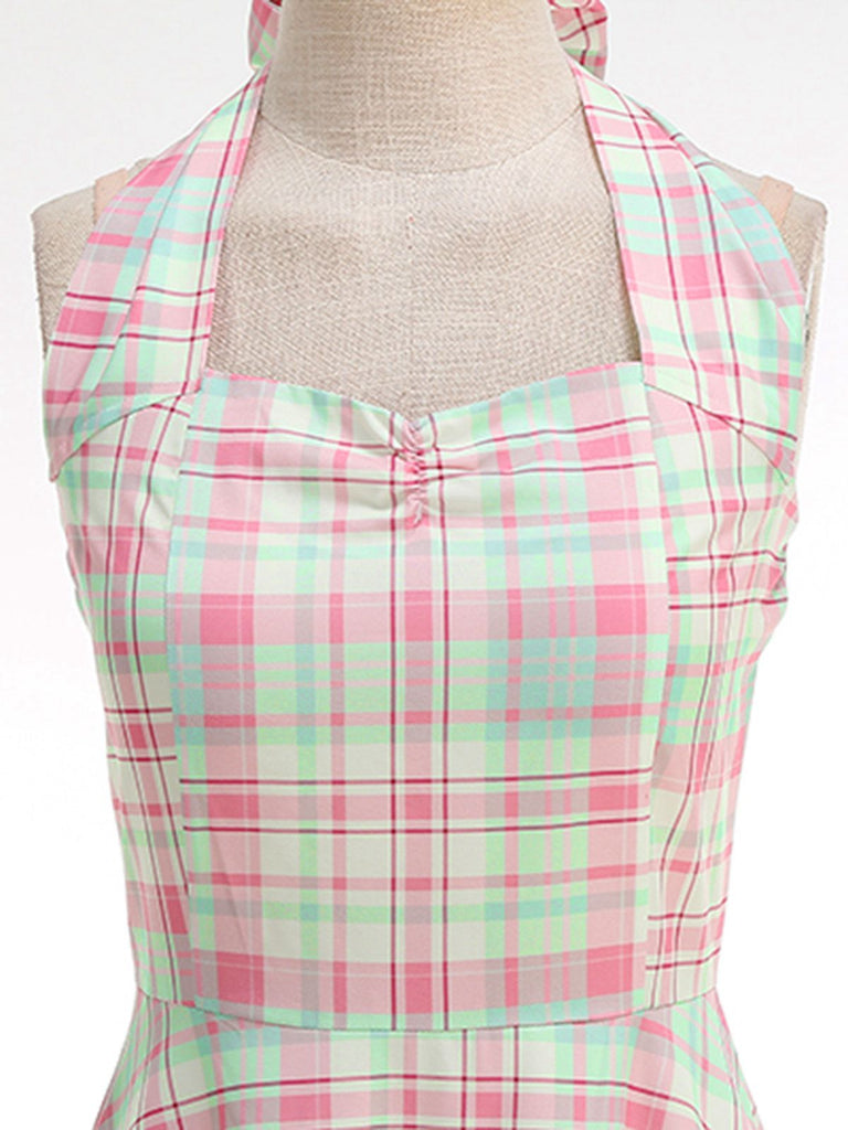 Pale Pink 1950s Plaid Halter Backless Dress - vintage dress, retro fashion, rockabilly