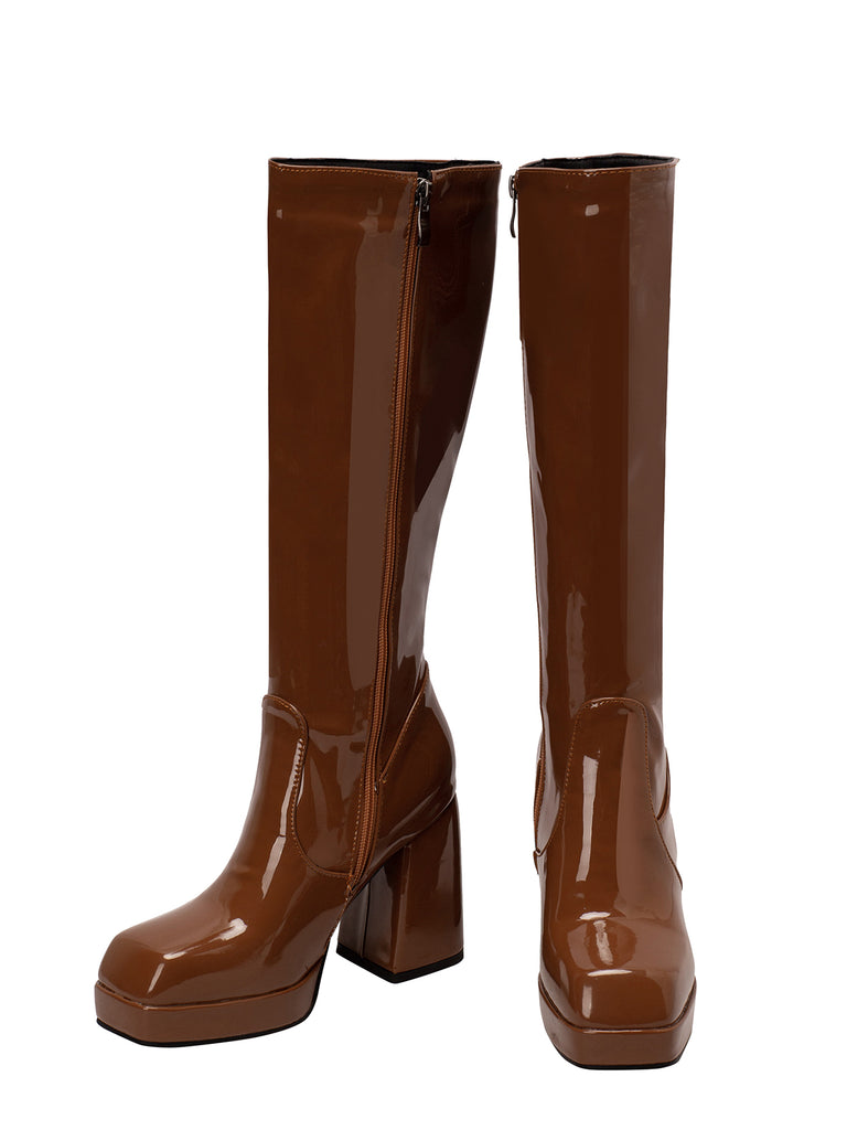 Patent Leather Round Toe Solid High Heel Boots — vintage vintage charm for her modern wardrobe