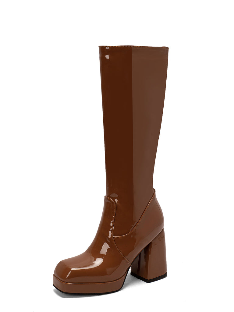 Patent Leather Round Toe Solid High Heel Boots, vintage fashion, retro style, classic design, women, elegant