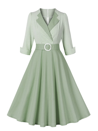 She slips into this Pea Green Grey 1950s Plaid Roll Up Belt Dress and suddenly it's a 1950s daydream