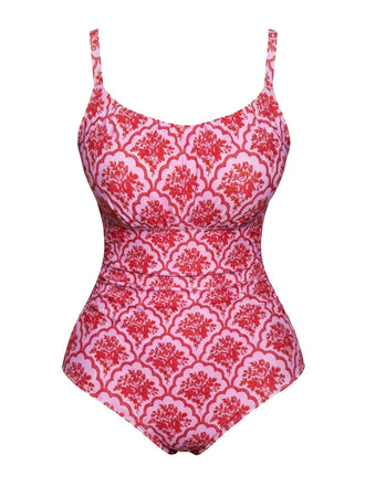 Red and white patterned swimsuit on a white background