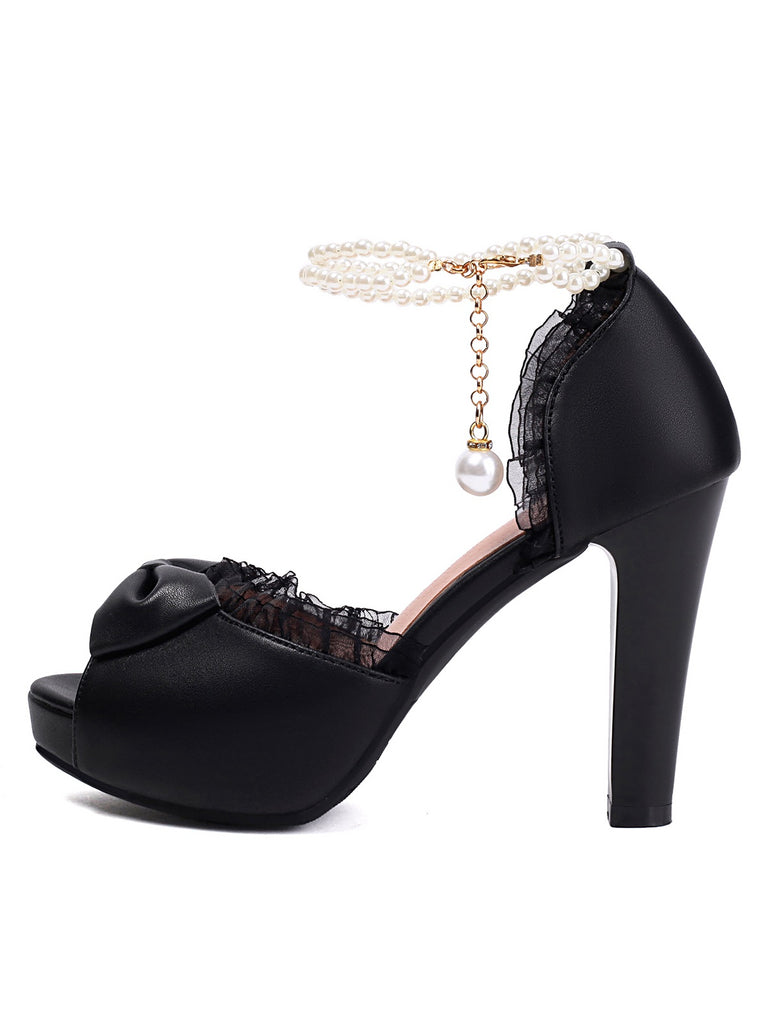 This Bow Lace Peep Toe High Heels Sandals whispers vintage secrets to those who notice