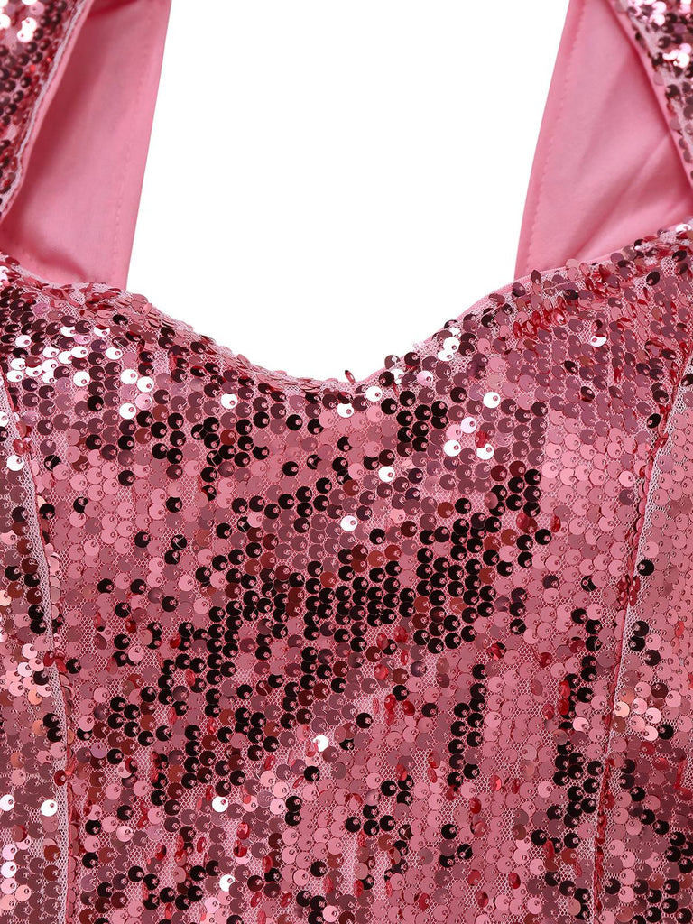 Pink 1920s Sequin Cap-Sleeve High Slit Maxi Dress - vintage dress, retro fashion, Gatsby party