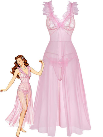 Pink 1930s 3D Floral Sheer Mesh Lace Lingerie Set - vintage fashion, retro style