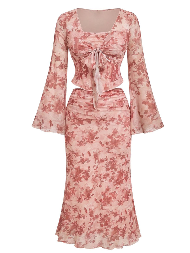 Pink 1930s Floral Square Neck Bell Sleeve 2PCS, vintage fashion, retro style - perfect for women who love vintage and retro fashion