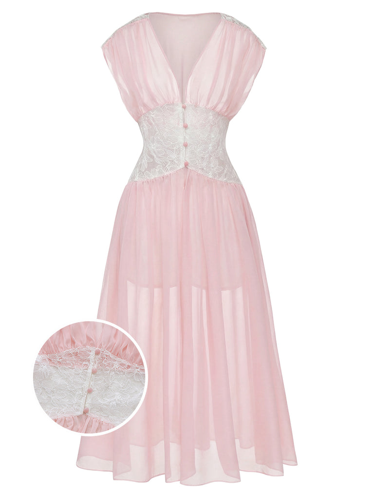 Pink 1930s Mesh Pleated Lace Waist Robe - vintage fashion, retro style