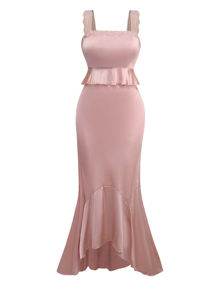 Pink 1930s Strap Lace Ruffles Satin Mermaid Dress - vintage dress, retro fashion