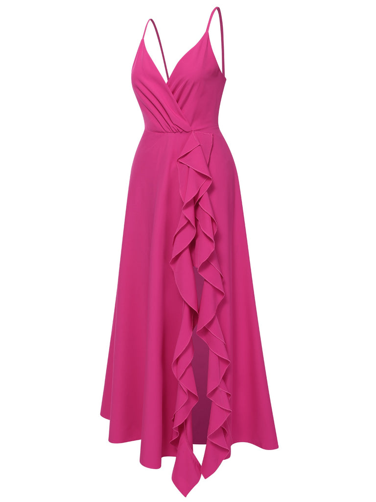 Pink 1930s V-Neck Ruffled Irregular Slit Dress, vintage dress, retro fashion - perfect for women who love vintage and retro fashion