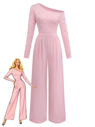 Elegant 1930s-inspired one-shoulder jumpsuit with pearl embellishments and long sleeves, perfect for formal events and vintage-themed parties