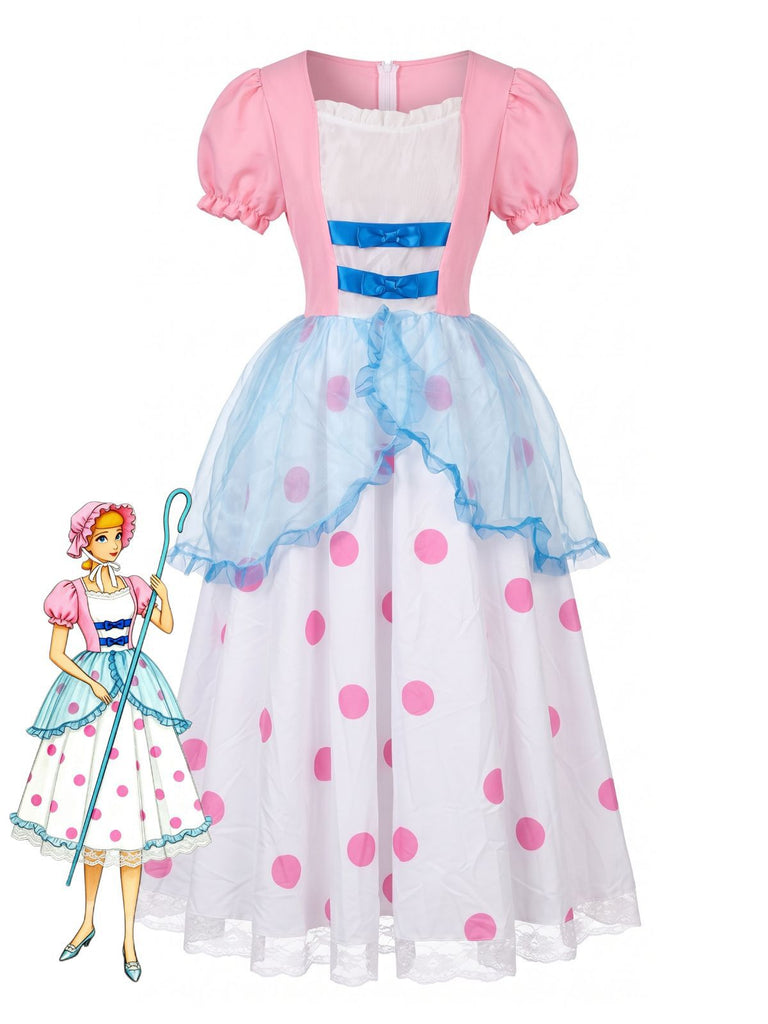 Pink 1940s Bo Peep Cosplay Puff Polka Dot Dress, vintage dress, retro fashion - perfect for women who love vintage and retro fashion